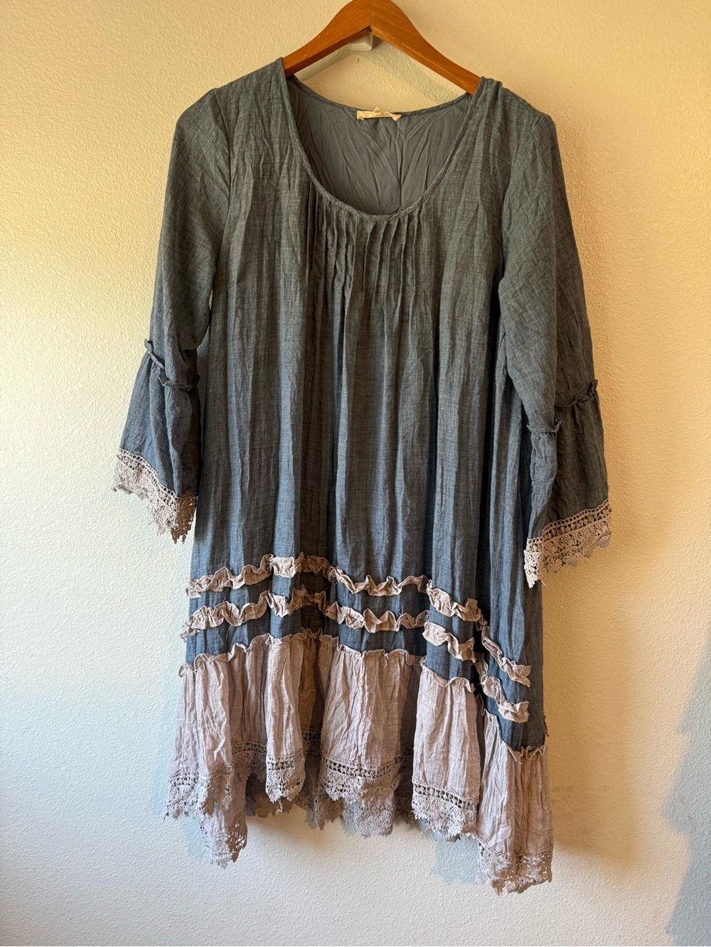 Ryu Boho Two-Tone Ruffle Tunic Dress in Slate Blue and Taupe